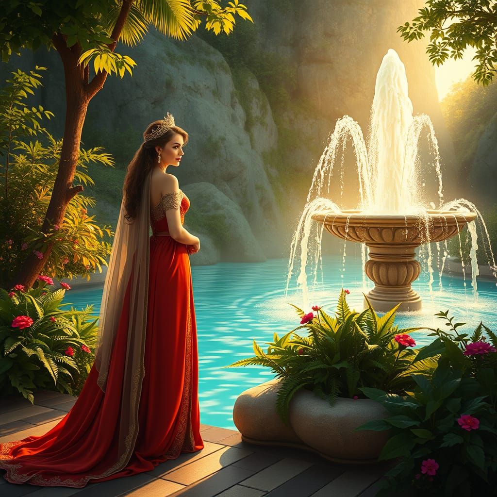 Regal Woman Beside Luminous Fountain in Renaissance Style