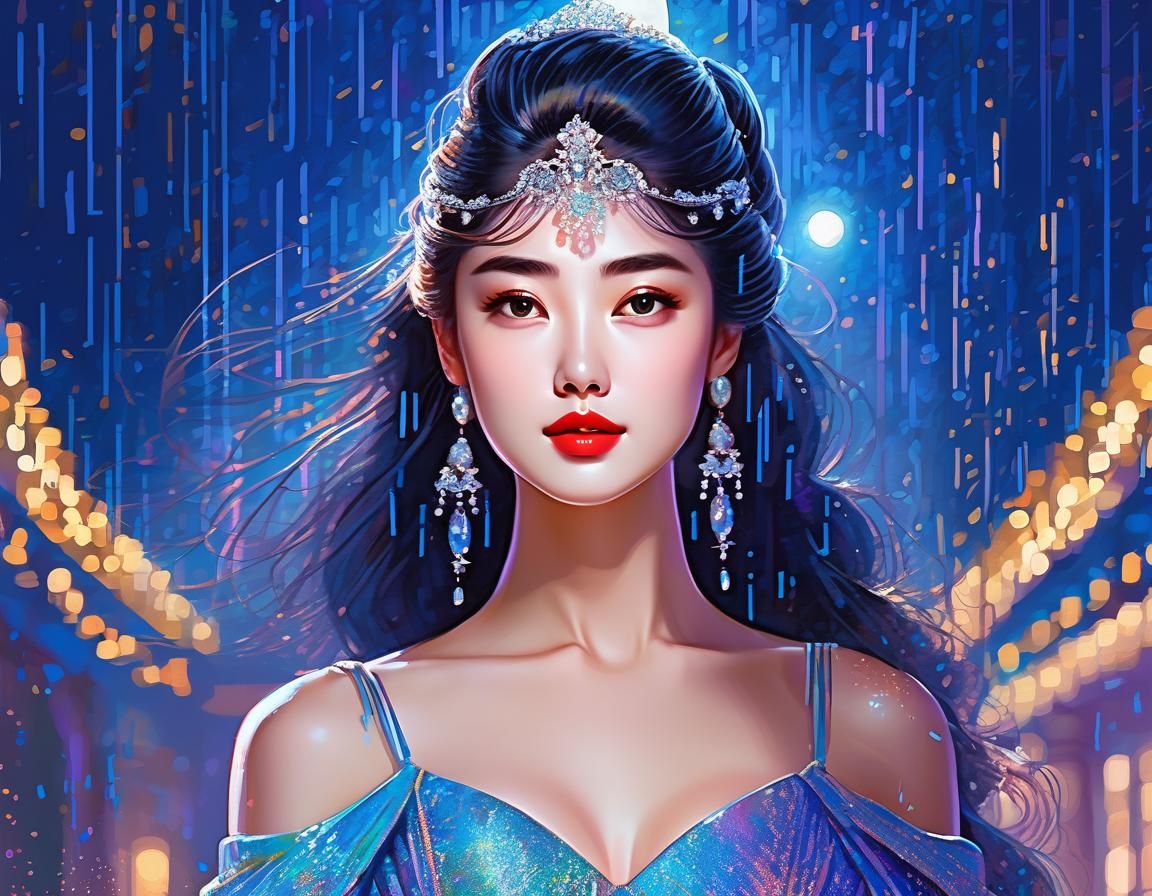 Moonlit Lady in Gala Gown, Painterly Digital Art