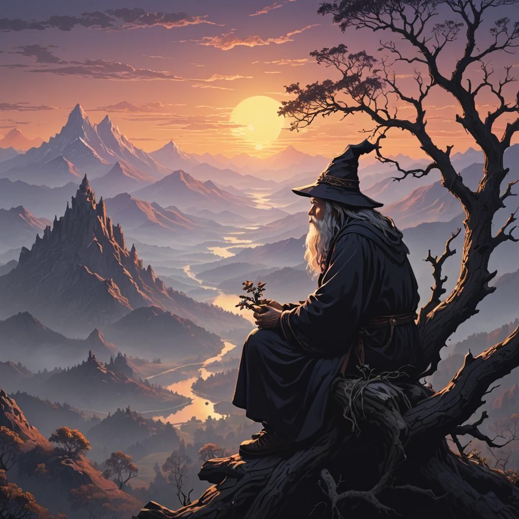 Wizard Contemplates Sunrise in 8-Bit Style