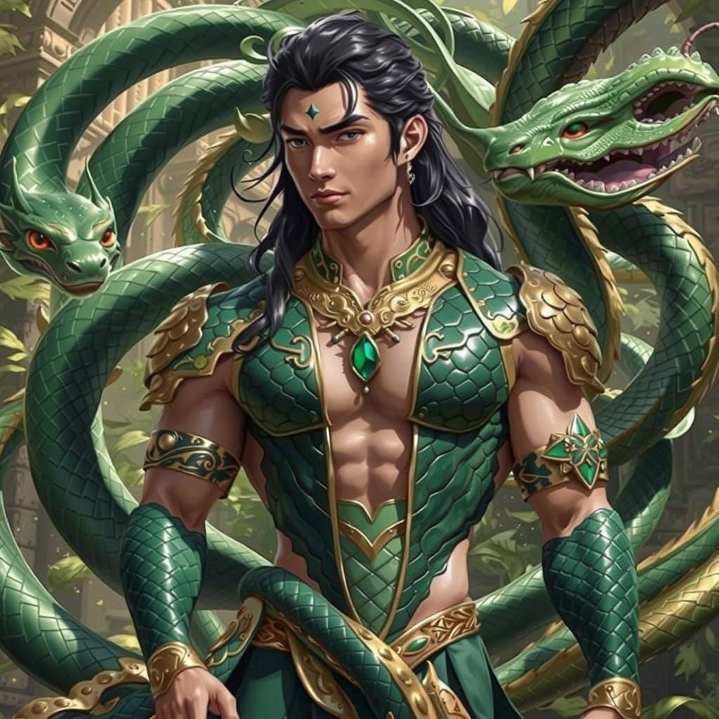 Ethereal Male Naga Craftsman in Introspective Study