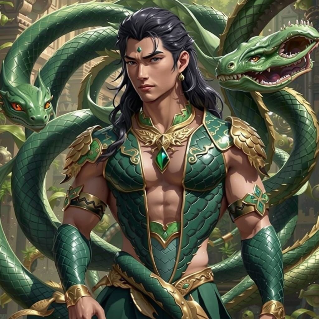 Scholarly Male Naga Crafts Magical Amulet in Introspective S...