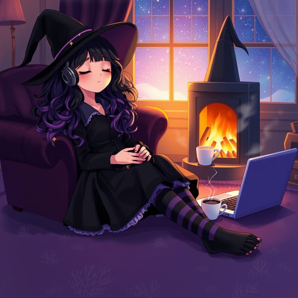 Enchanted Witch Basks in Cozy Winter Night