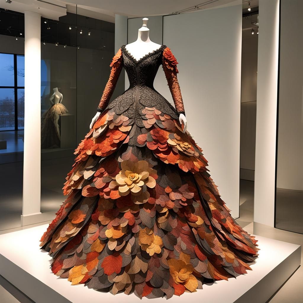 Layered Petal Paper Collage Ballgown on a Museum Display Man...