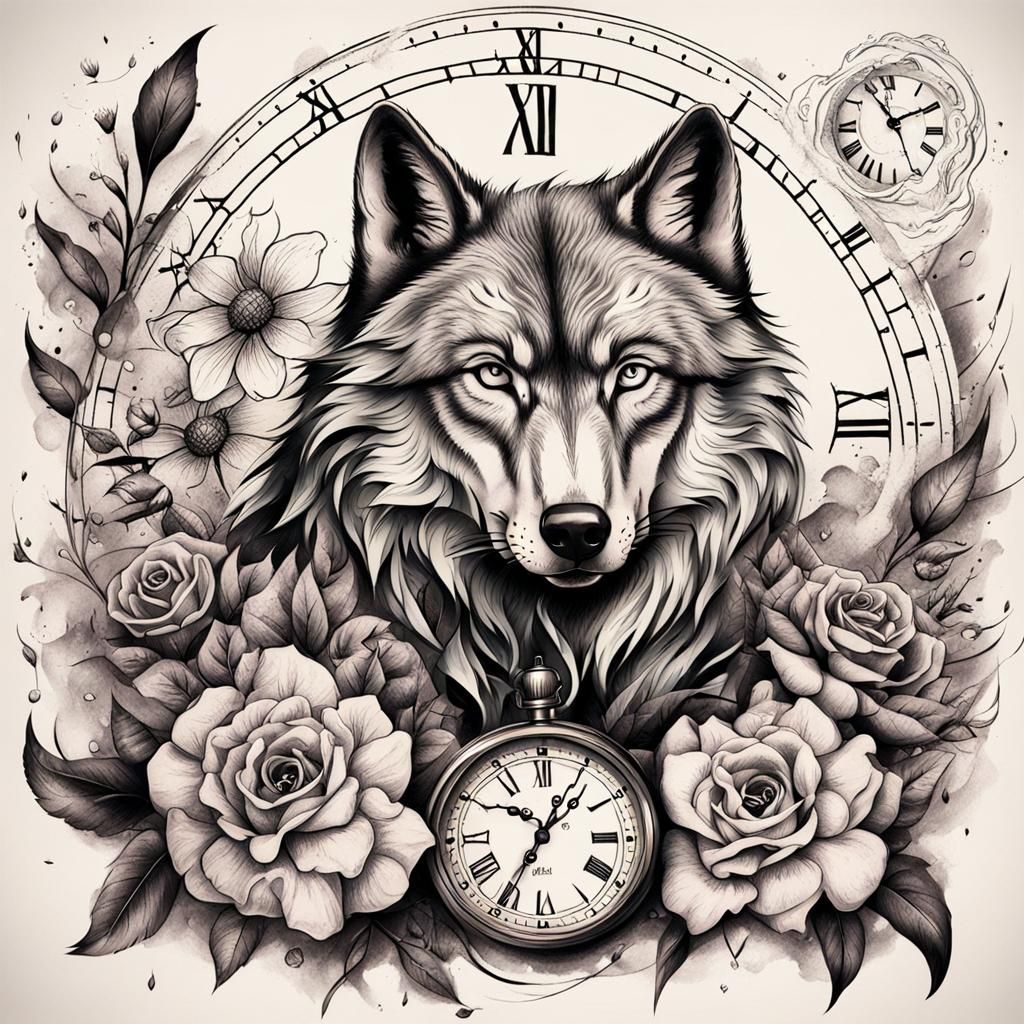 Wolf, Flowers, and Clock Tattoo Sketch