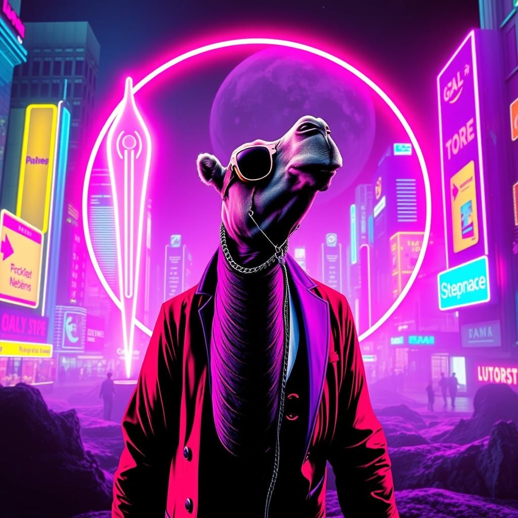 Futuristic Camel Navigating Neon Cityscape