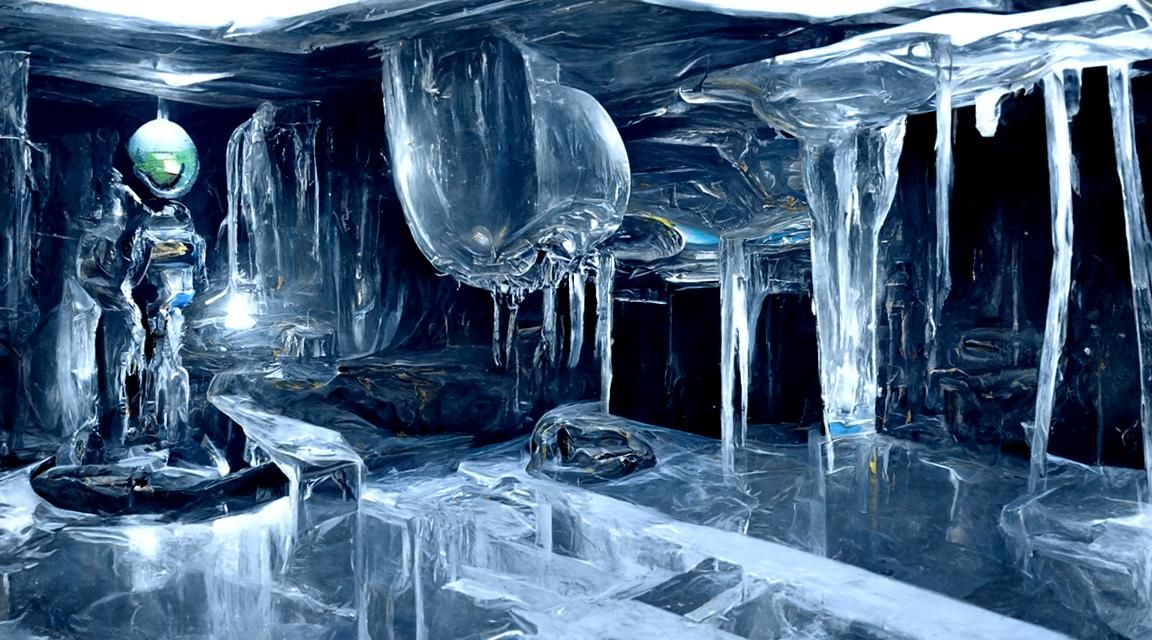 Alien Robot in Ice Room, Hyperrealistic Rendering