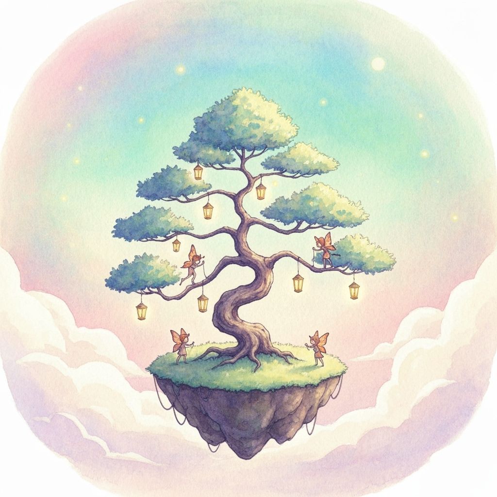 Enchanted Bonsai Island with Sprites: Watercolor Art