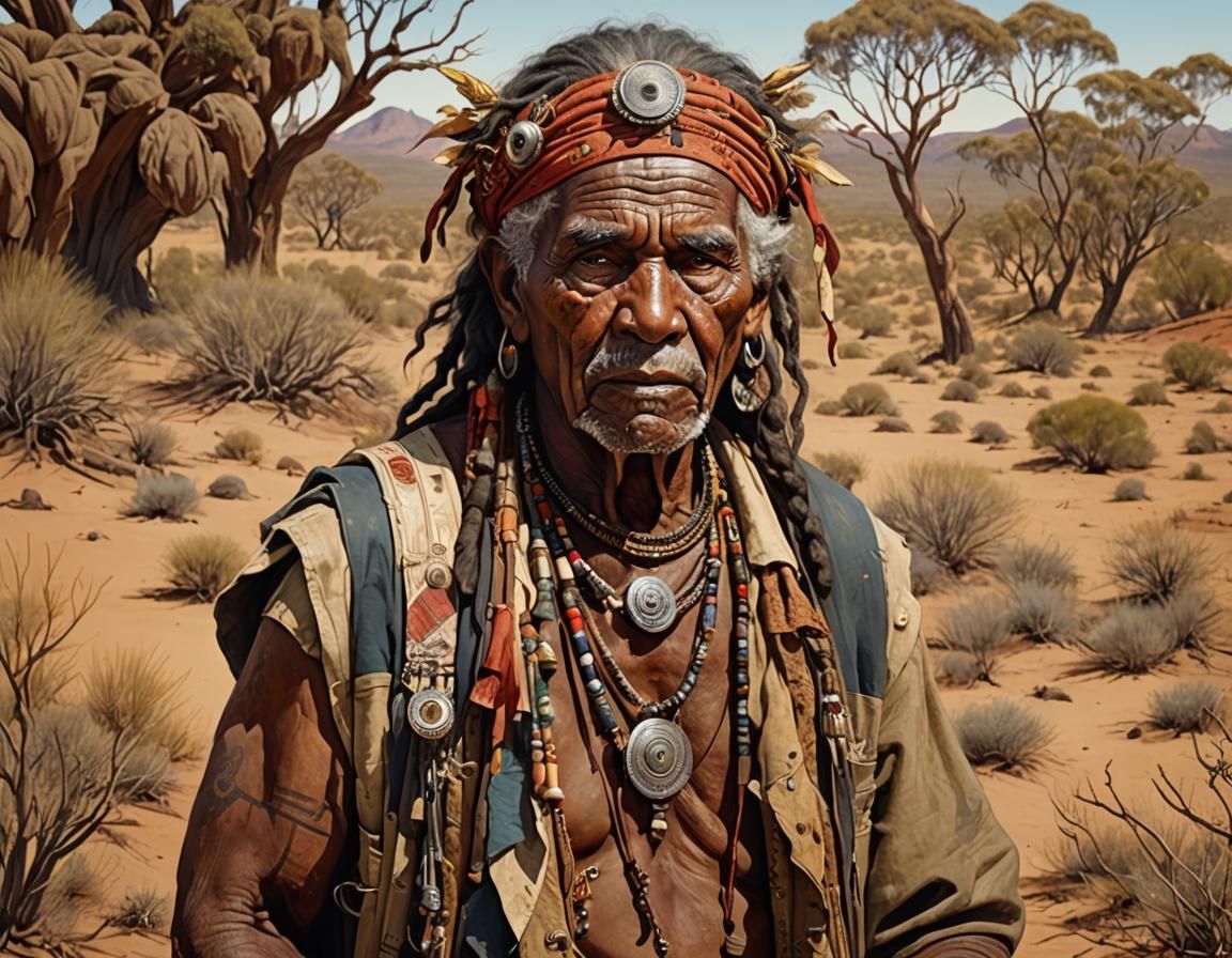 Australian Aboriginal Elder in Desert, Vintage Art