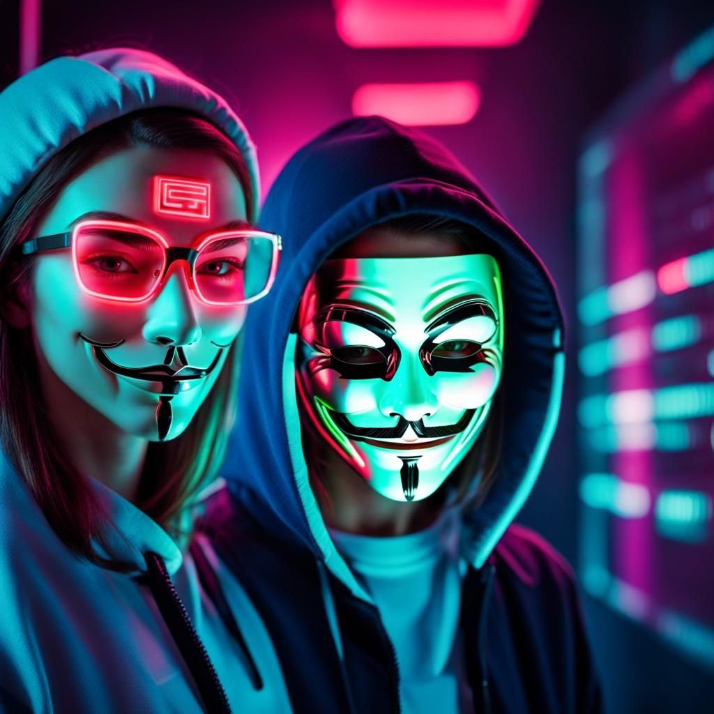 Female Hacker with Guy Fawkes Reflection in Cyberpunk Style