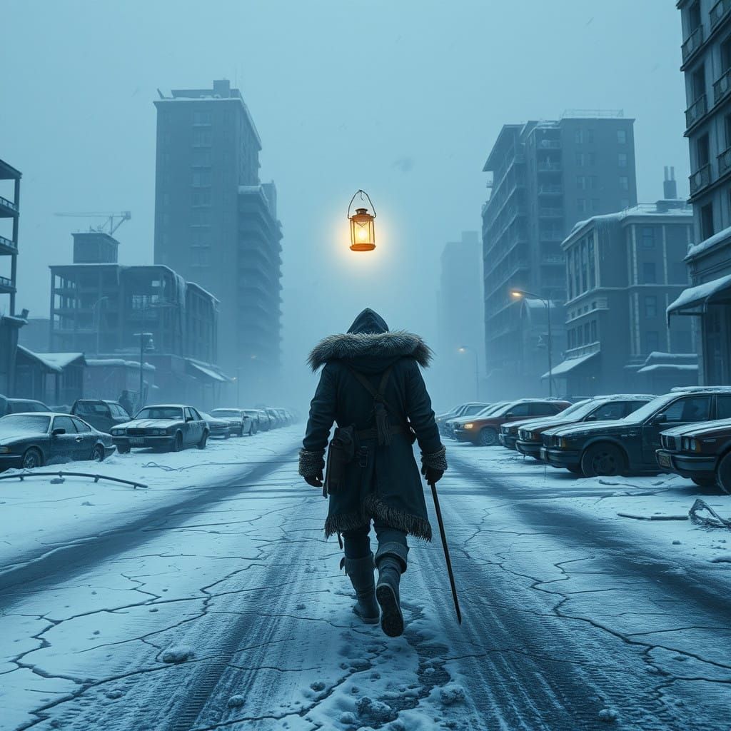 Frostbitten Wanderer Trudges Through Abandoned Cityscape