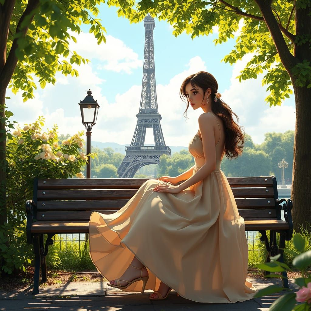 Elegant Parisian Landscape with Flower-Crowned Woman