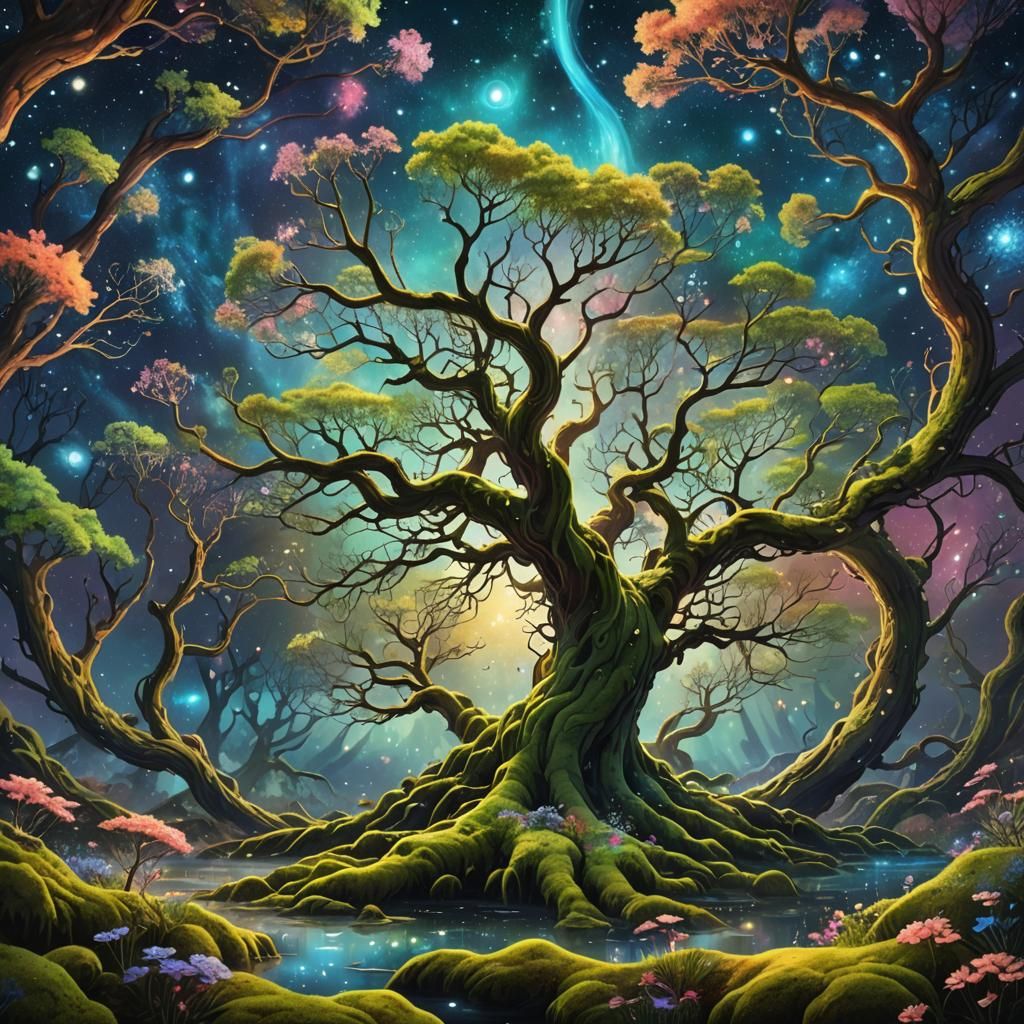 Cosmic Dreamscapes: Luminous Islands in Starry Sky