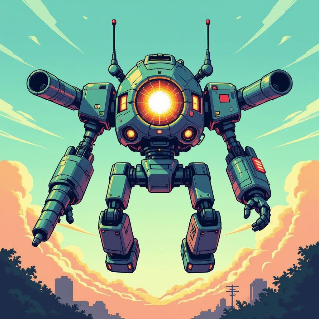 Retro Pixel Art Combat Robot With Saw and Gatling Gun