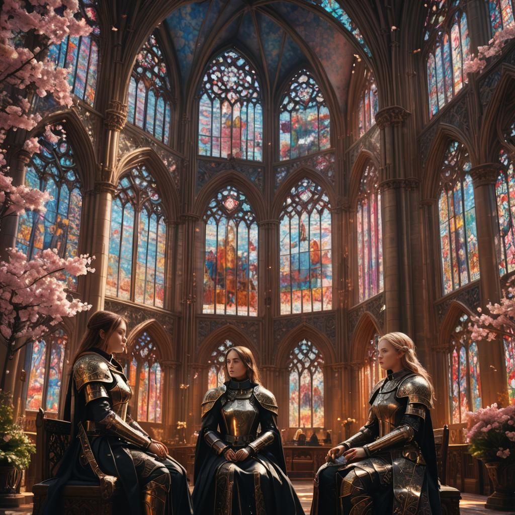 Gothic Cathedral with Female Leaders in Fantasy Style