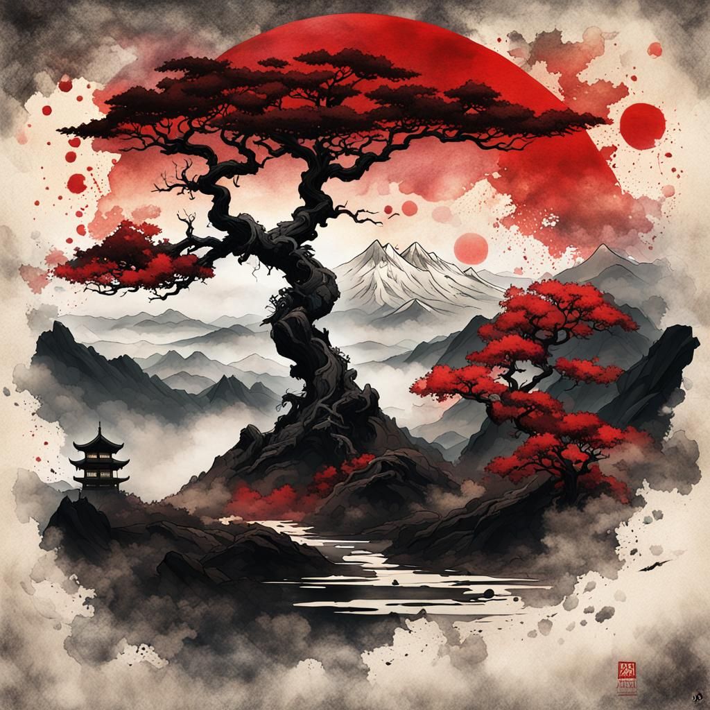 Japanese Landscape in Dark Fantasy Ink Art