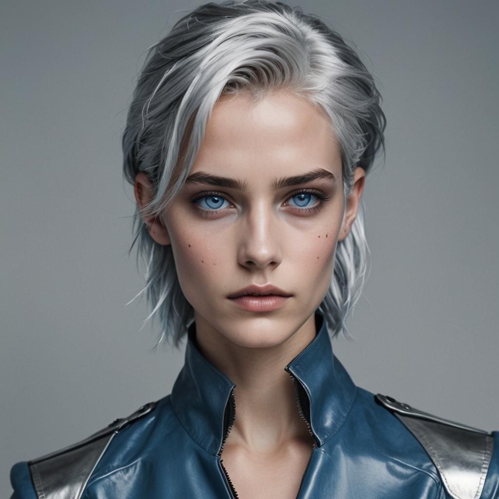 Androgynous Beauty with Silver Hair and Blue Eyes