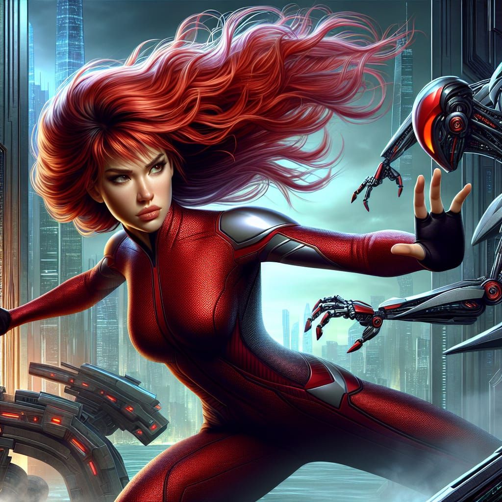 Superheroine Battles Robots in Futuristic Cityscape