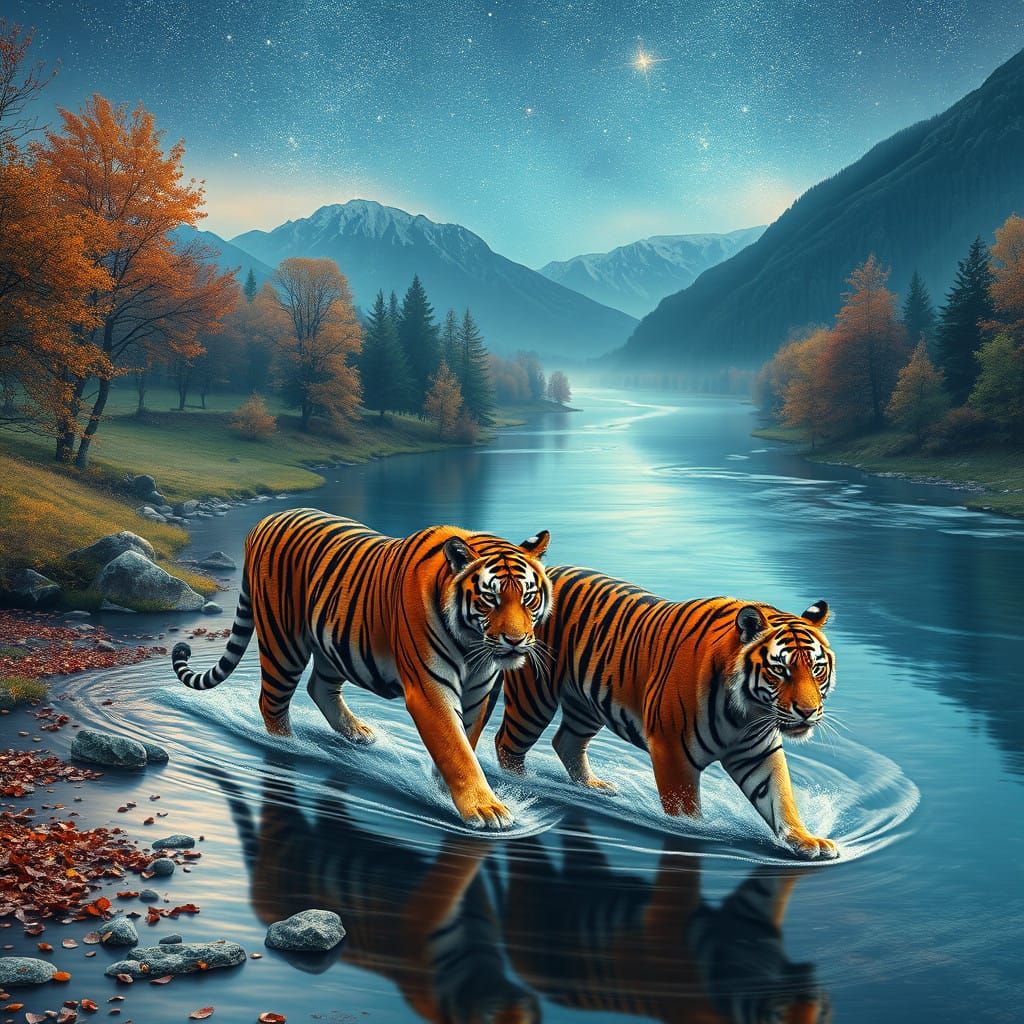 Bengal Tigers Stroll in Autumn River Under Starlight