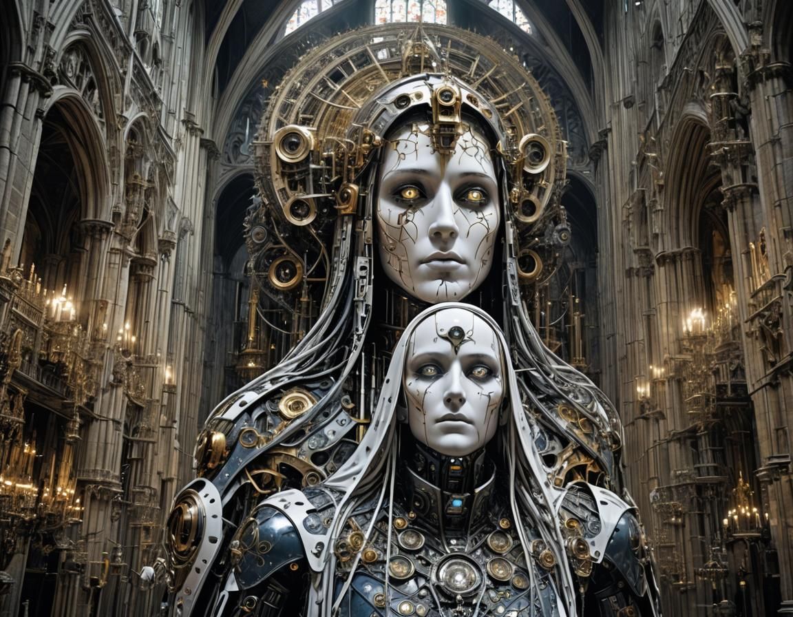 Cathedral Cyborg Face with Cyber-Nuns in Cyberpunk Style