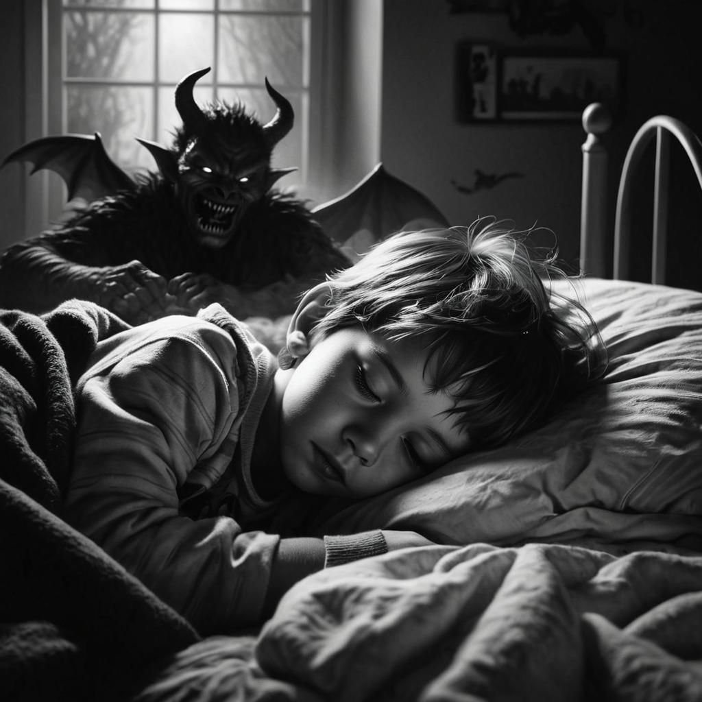 Dramatic Pencil Portrait: Shadowy Devil Attacks Sleeping Chi...