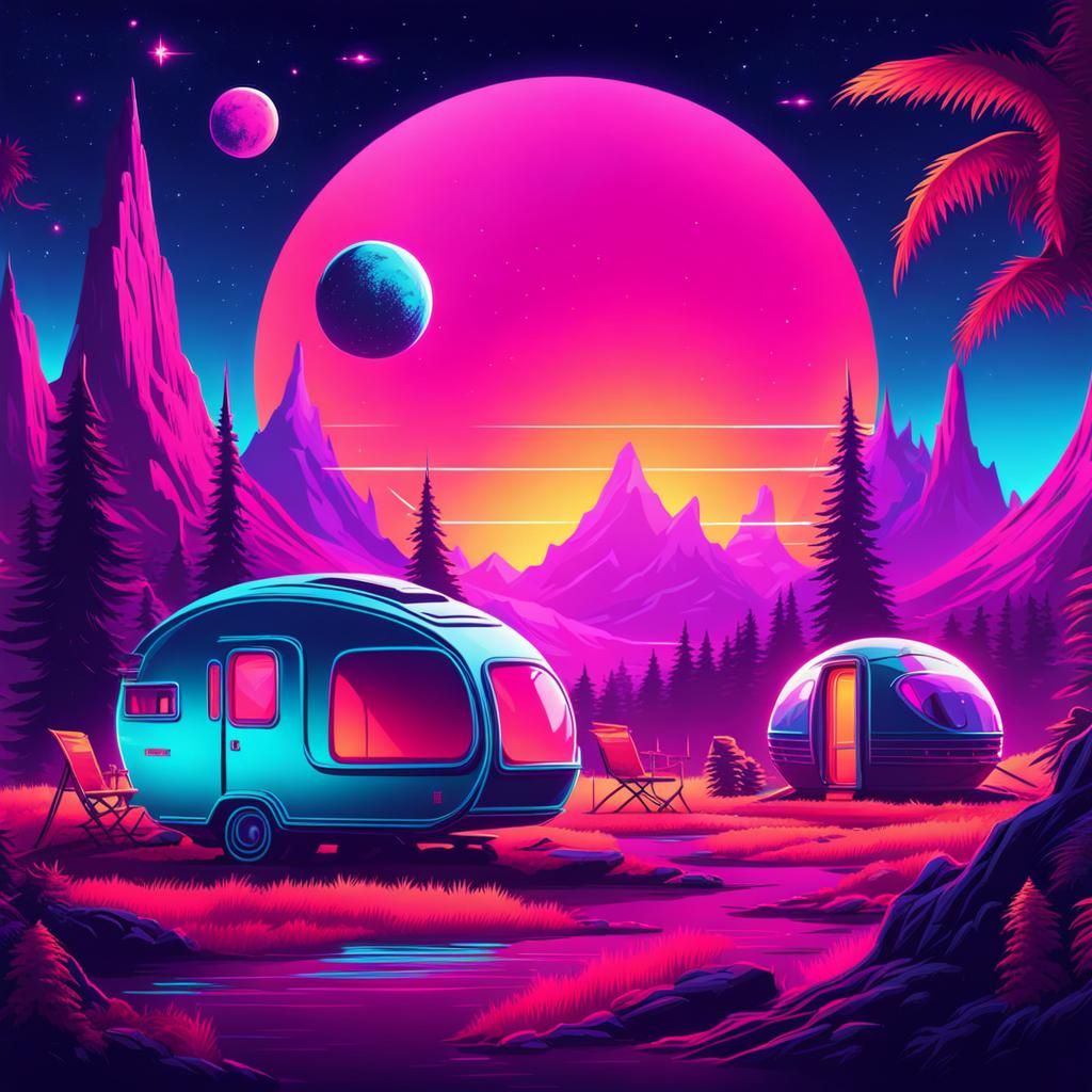 Synthwave Campsite in Space with Dragons