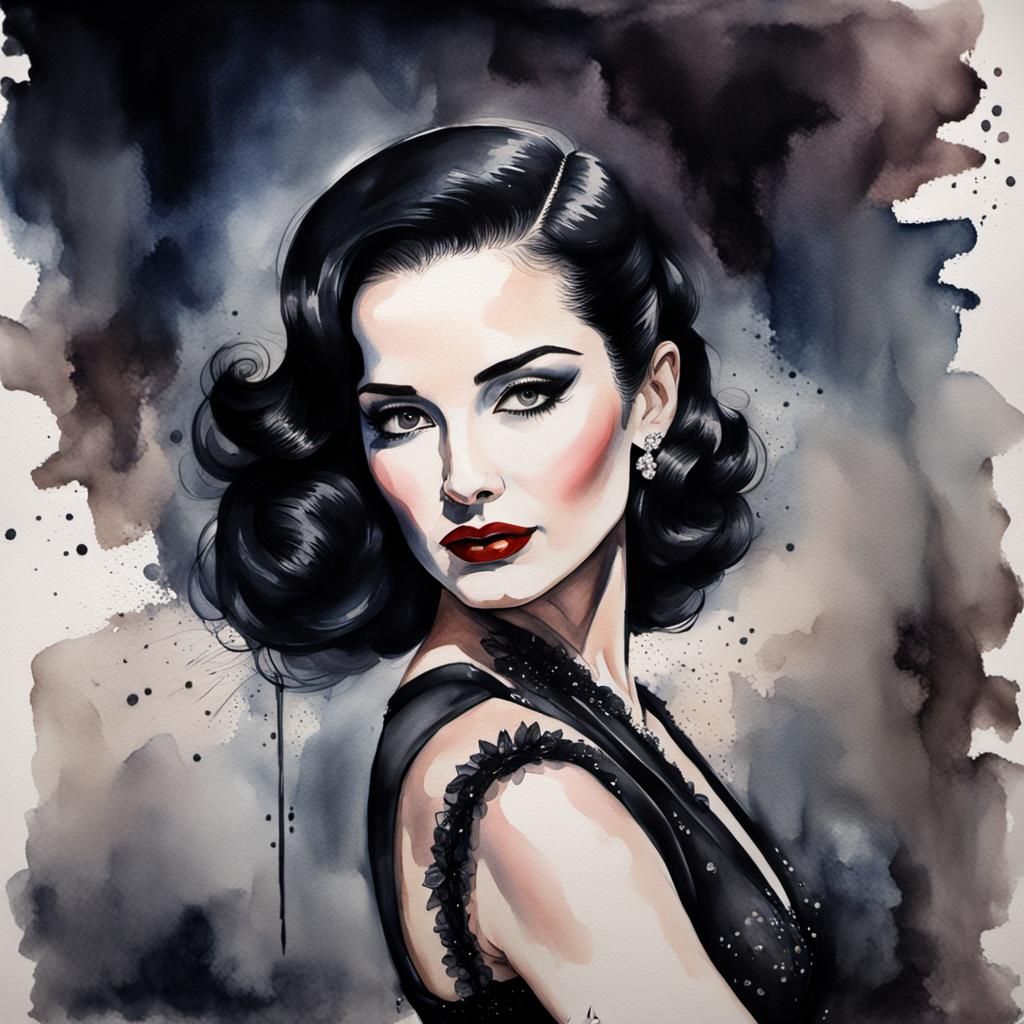 darkmoody watercoloured portrait of the female poledancer Dita von Teese ,