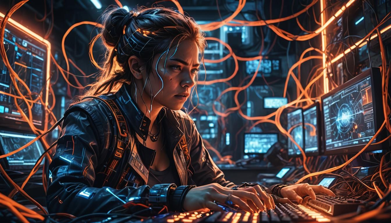 Woman in Rage Playing Computer: Sci-Fi Concept Art