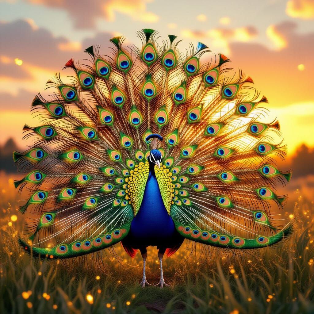 Majestic Peacock at Sunrise with Floating Gold Flakes