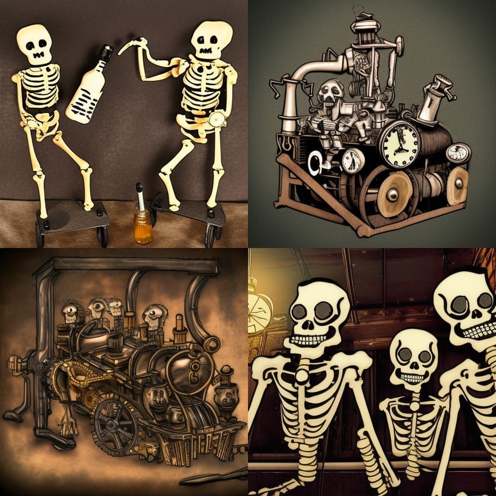 Steampunk Skeletons Celebrate with an Engine