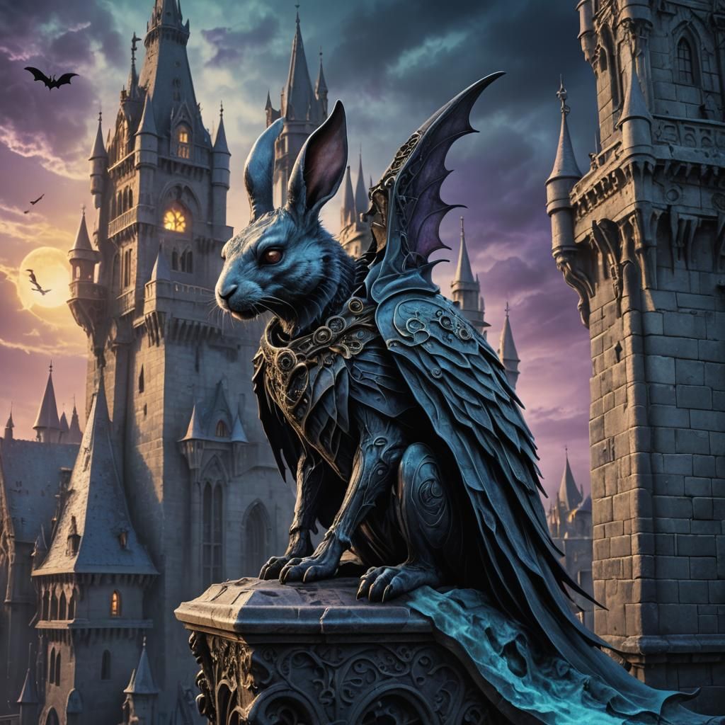 Grim Reaper Rabbit Bat on Gothic Castle in Bio-Mechanical St...