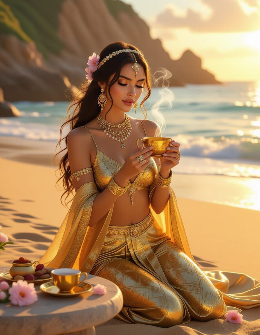 Golden Woman on Beach at Sunset: Hyperrealistic Digital Art