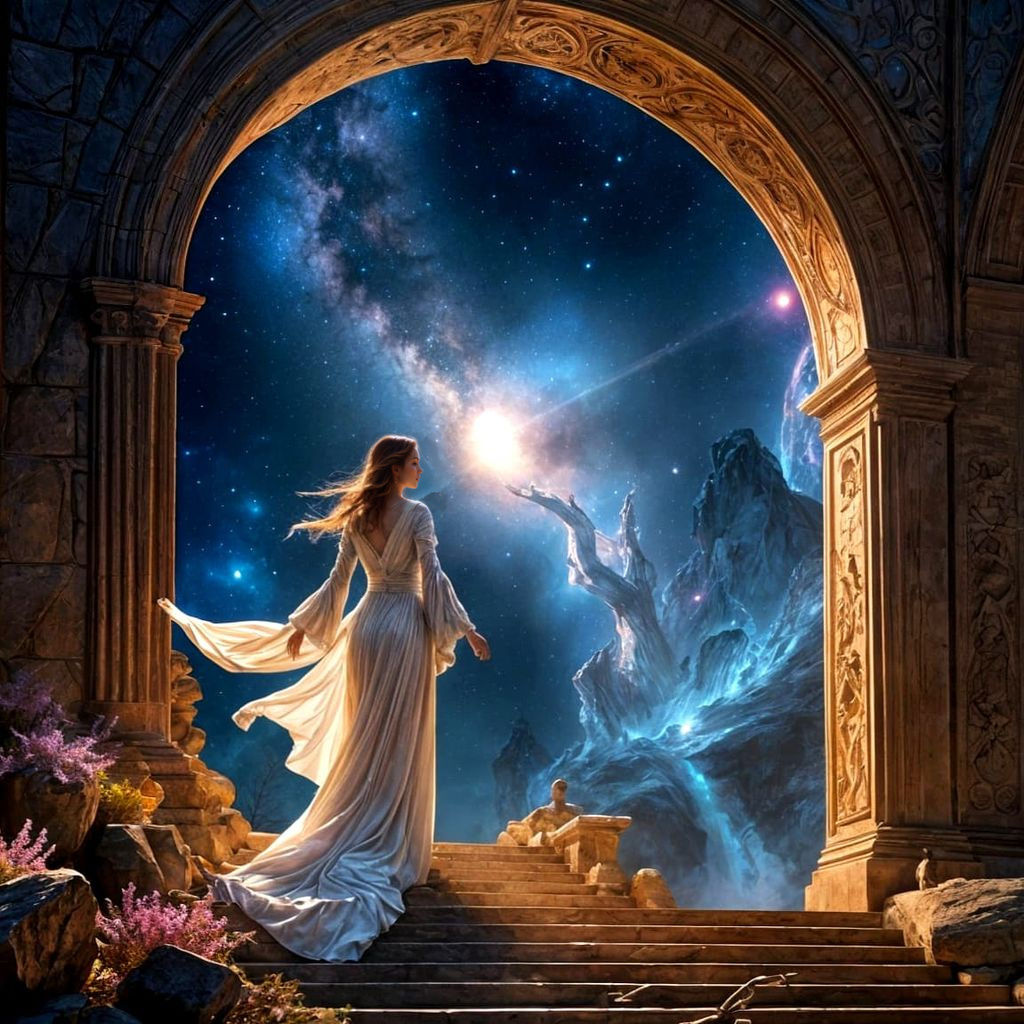 Ethereal Woman at Galactic Portal on Mountain