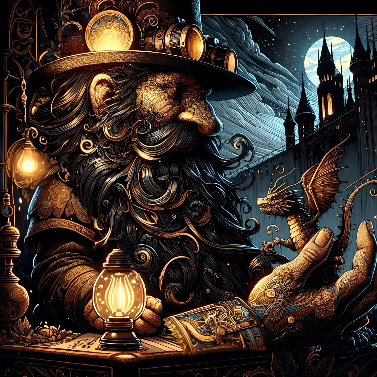 Steampunk Hagrid and Dragon Meeting in Super-Realism