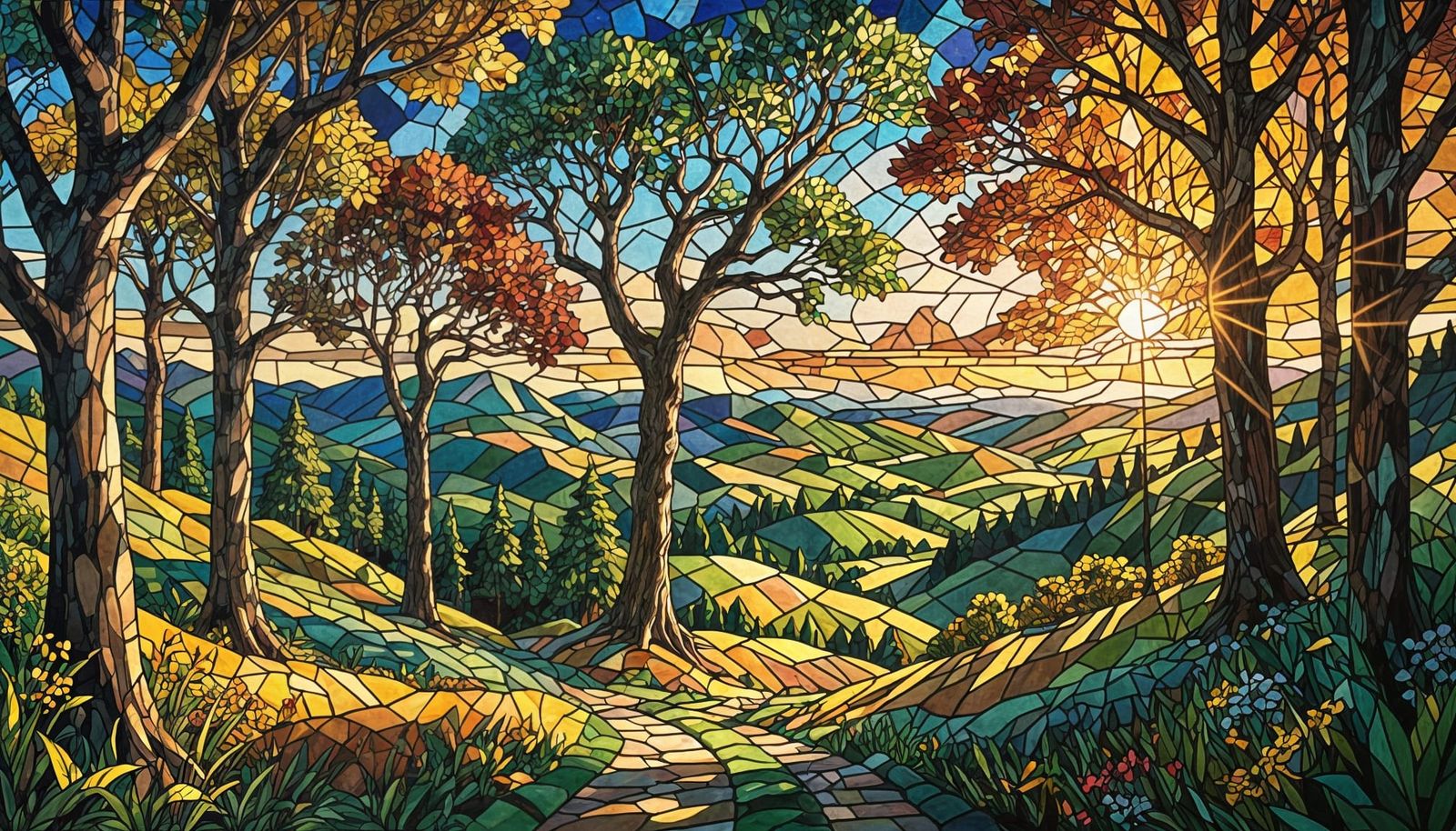 Stunning Stained Glass Landscape in Hyperrealistic Style
