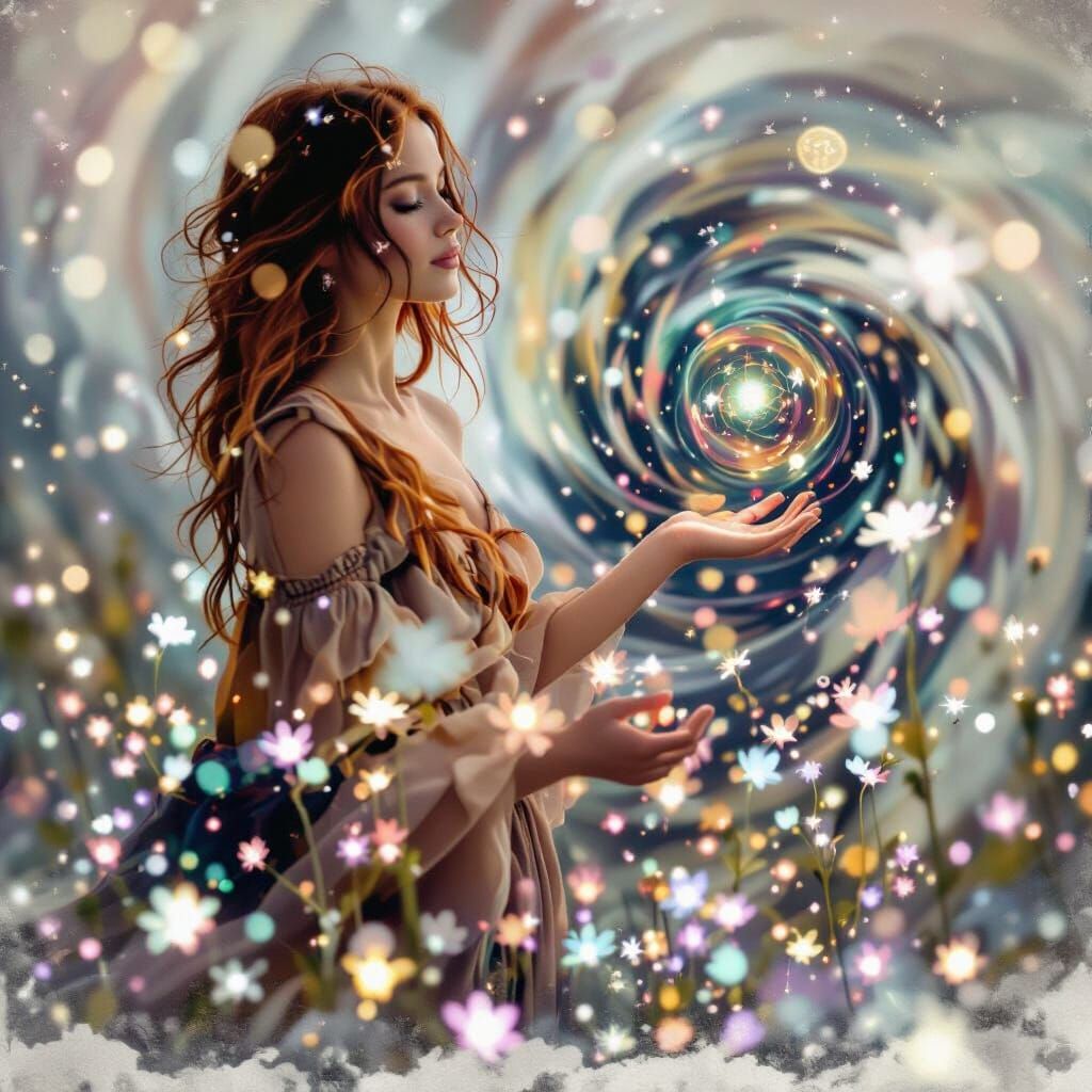 Woman in Bioluminescent Field Reaching for Orb of Light