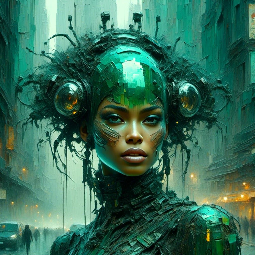 Futuristic Cybernetic Android with Emerald Jewelry