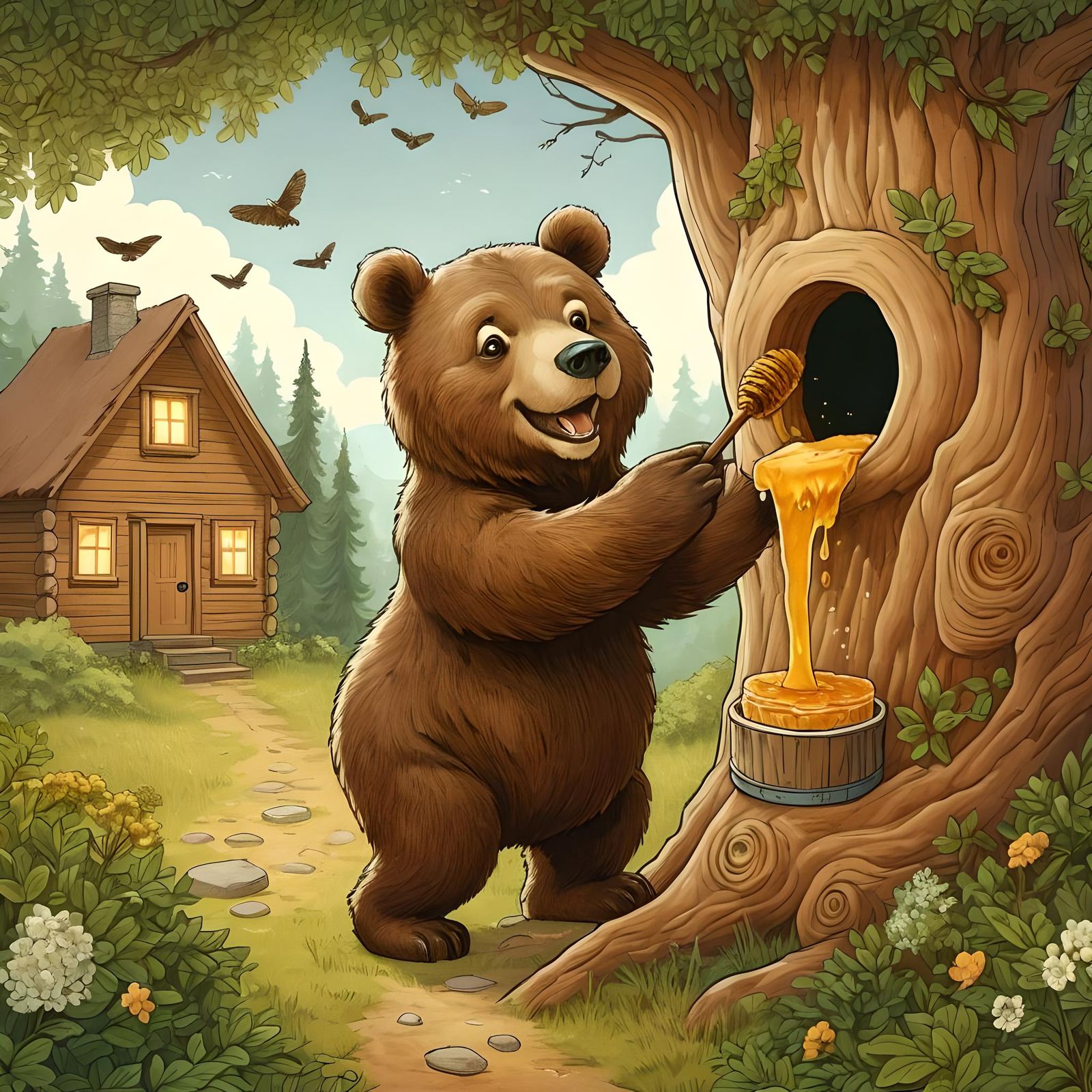 Bear Retrieves Honey from Tree Near House