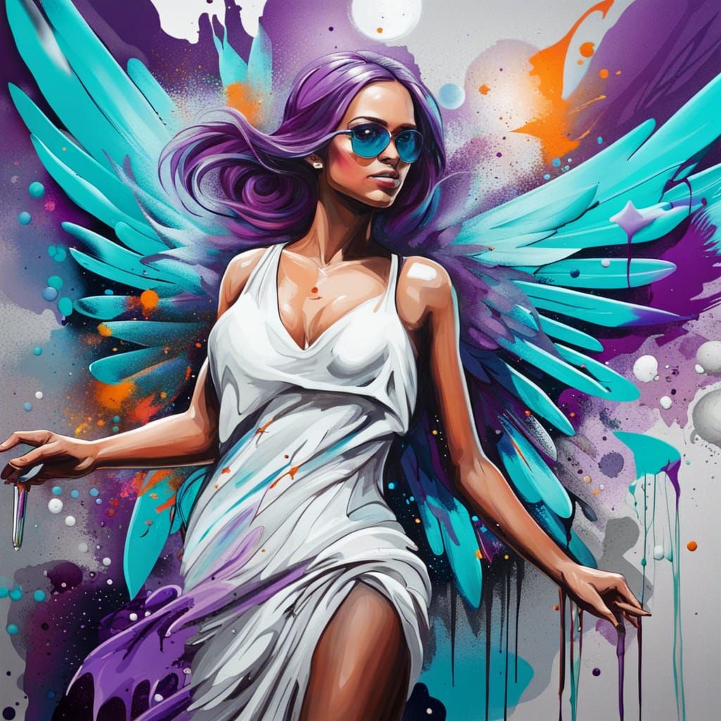 Woman with Turquoise Wings in Graffiti Style