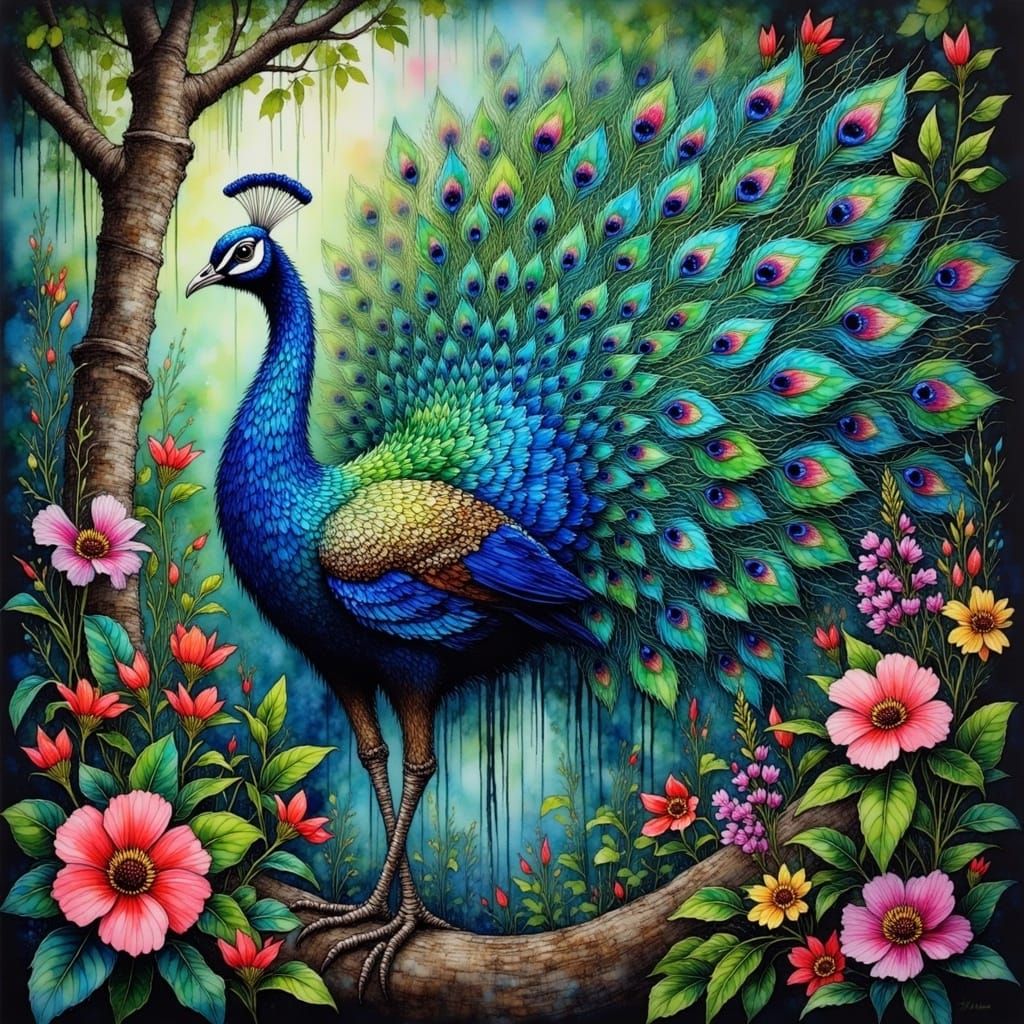 Vibrant Peacock in Dreamlike Forest Landscape