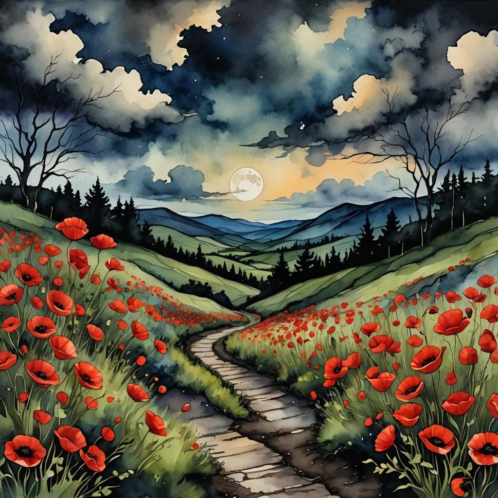 Poppy Path Under Moonlight in Watercolor Style