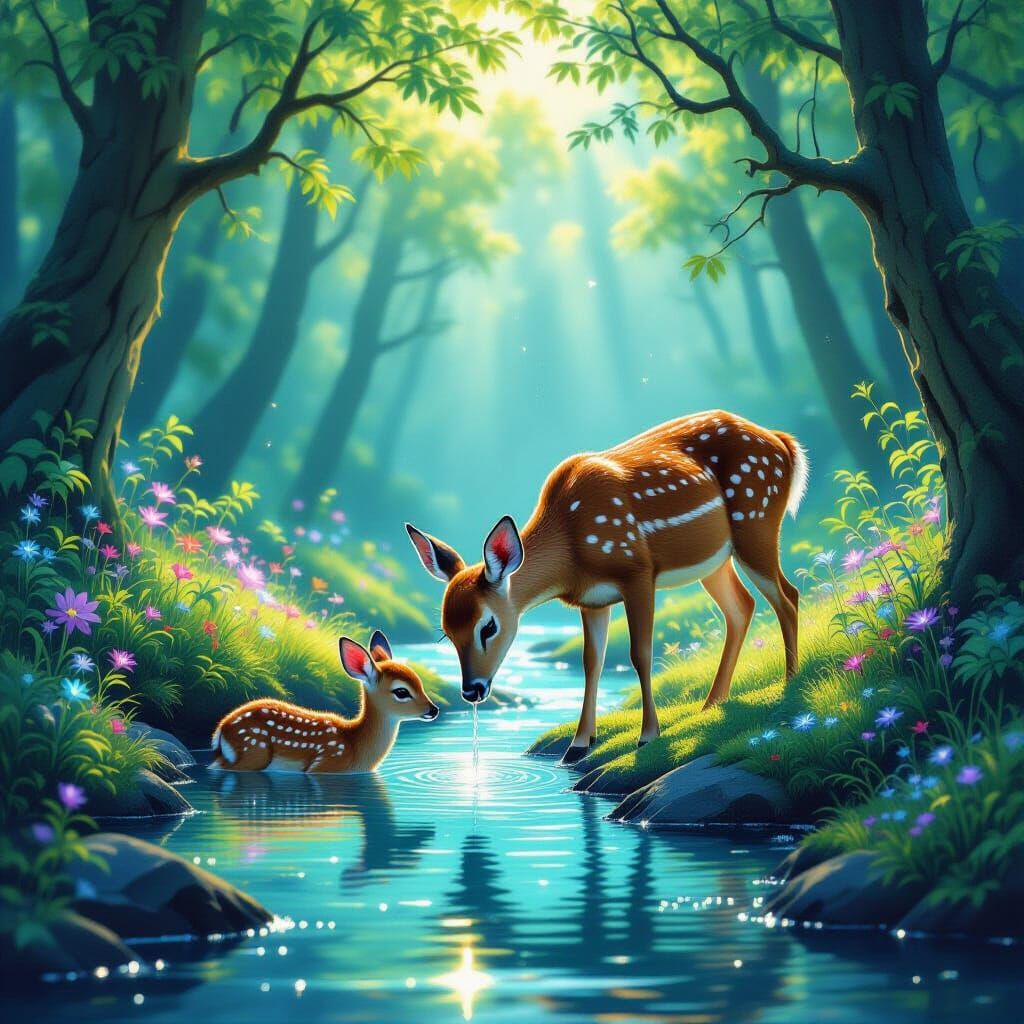 Doe and Fawn by Magical Stream in Ethereal Forest