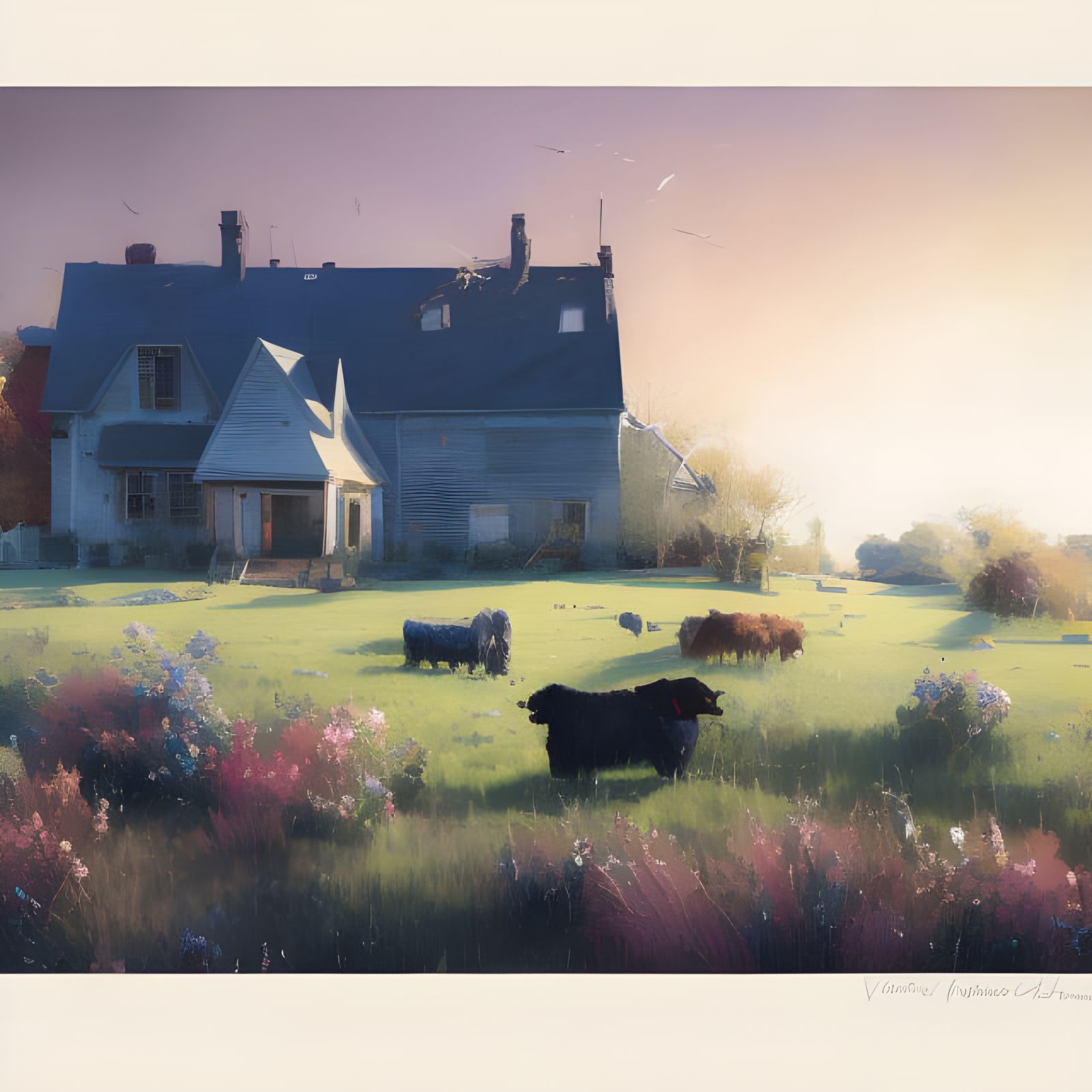 Hyperrealistic Farmhouse Watercolor Painting with Animals