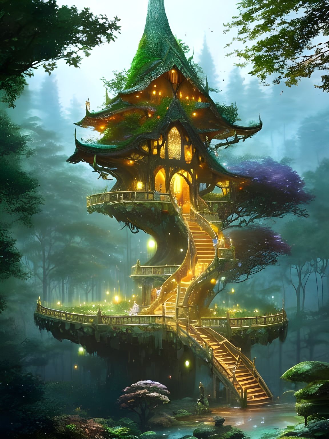 Elven Temple Treehouse with Starlight Flowers