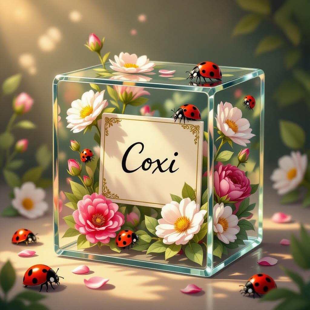 Glass Cube with COXI Plaque, Flowers, and Ladybugs