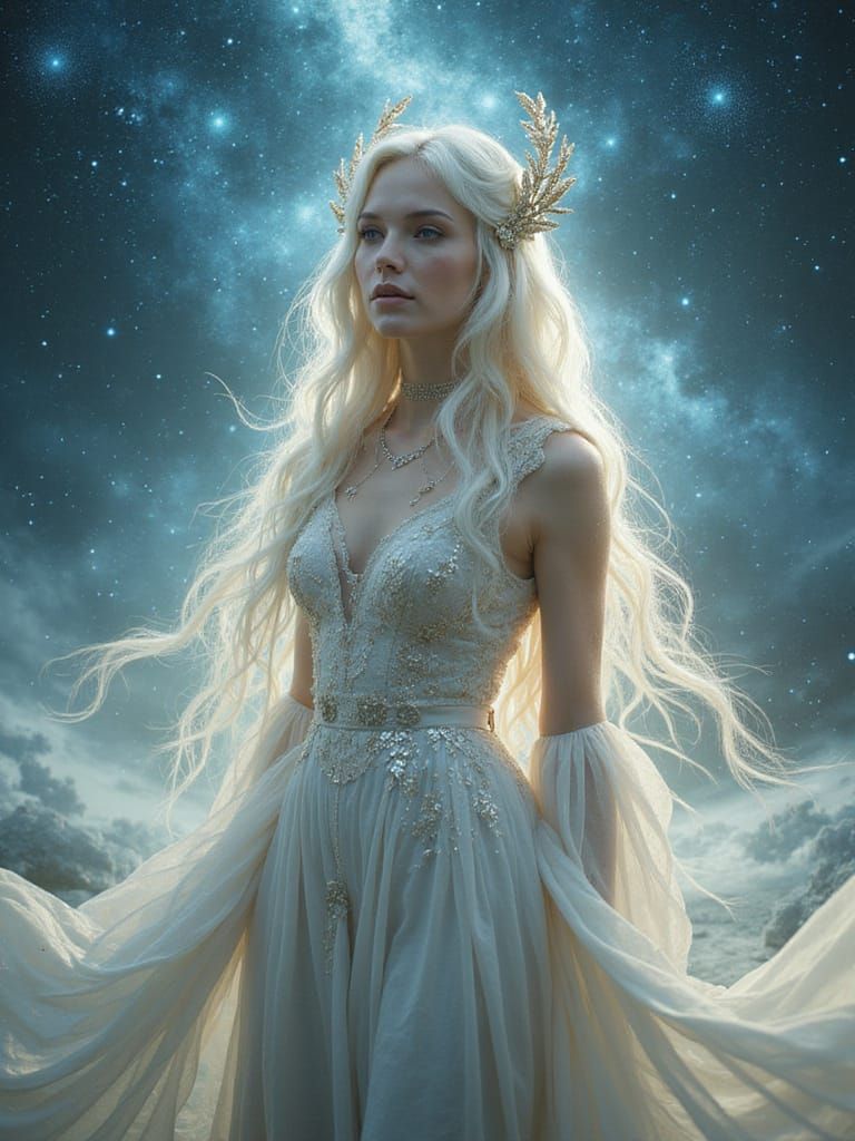 Celestial Goddess in Iridescent Gown with Astral Constellati...