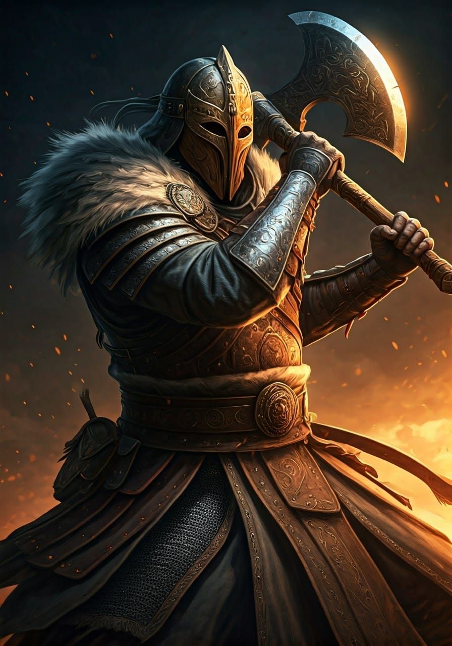 Warrior with Double-Bladed Axe in Detailed Armor