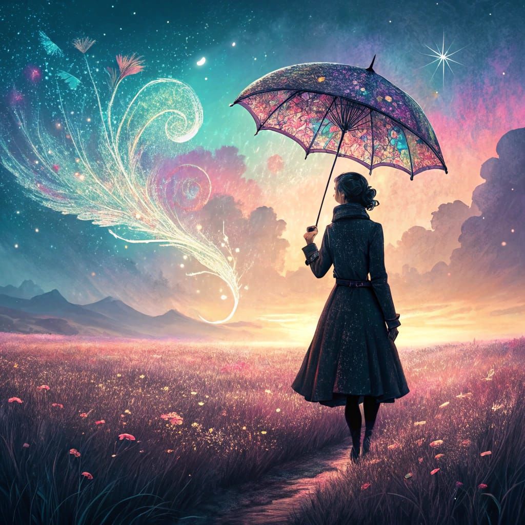 Woman with Fabergé Parasol in Dreamlike Landscape