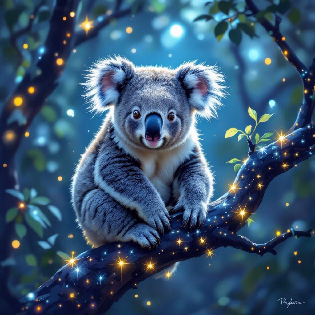 Koala Bear on Alien Tree Branch in Monet Style