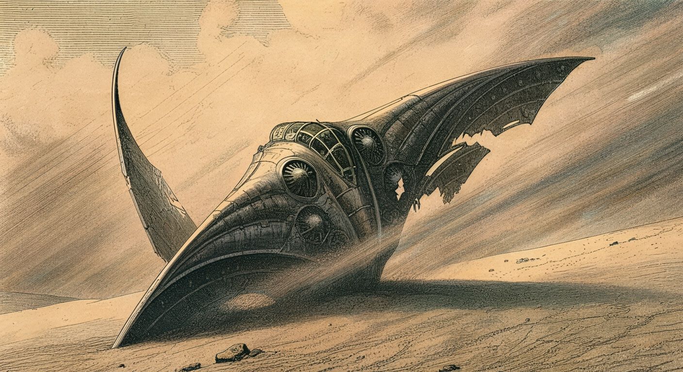 Futuristic Manta VTOL Crashed in Desert Sandstorm Engraving