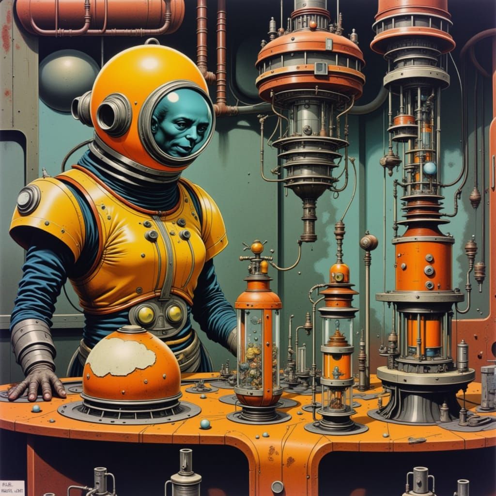 Retro-Futuristic Scientist in a Worn Spacesuit